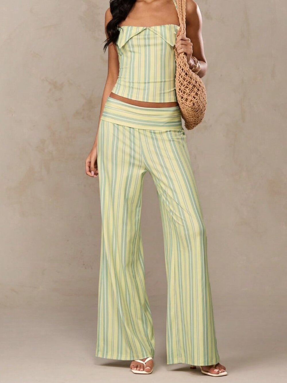 Yellow Striped Casual Women's Wide-Leg Flare Pants